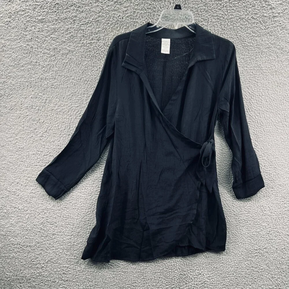Time And Tru Womens Top Medium 8/10 Black Wrap Shirt 3/4 Sleeve Tie Waist Blouse